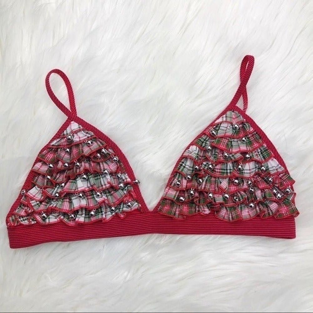 Rare Bralette Holiday Plaid Jingle Bells Small Bra Top Medium